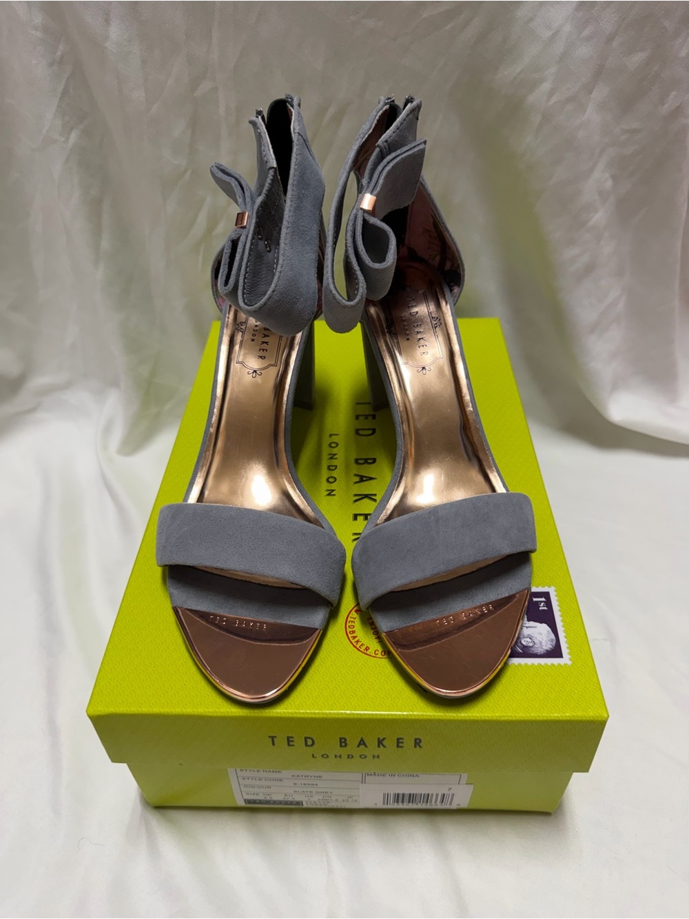 Ted Baker Katryne Suede Ankle-Strap Heels with Bow Detail in Slate Grey sz 37.5